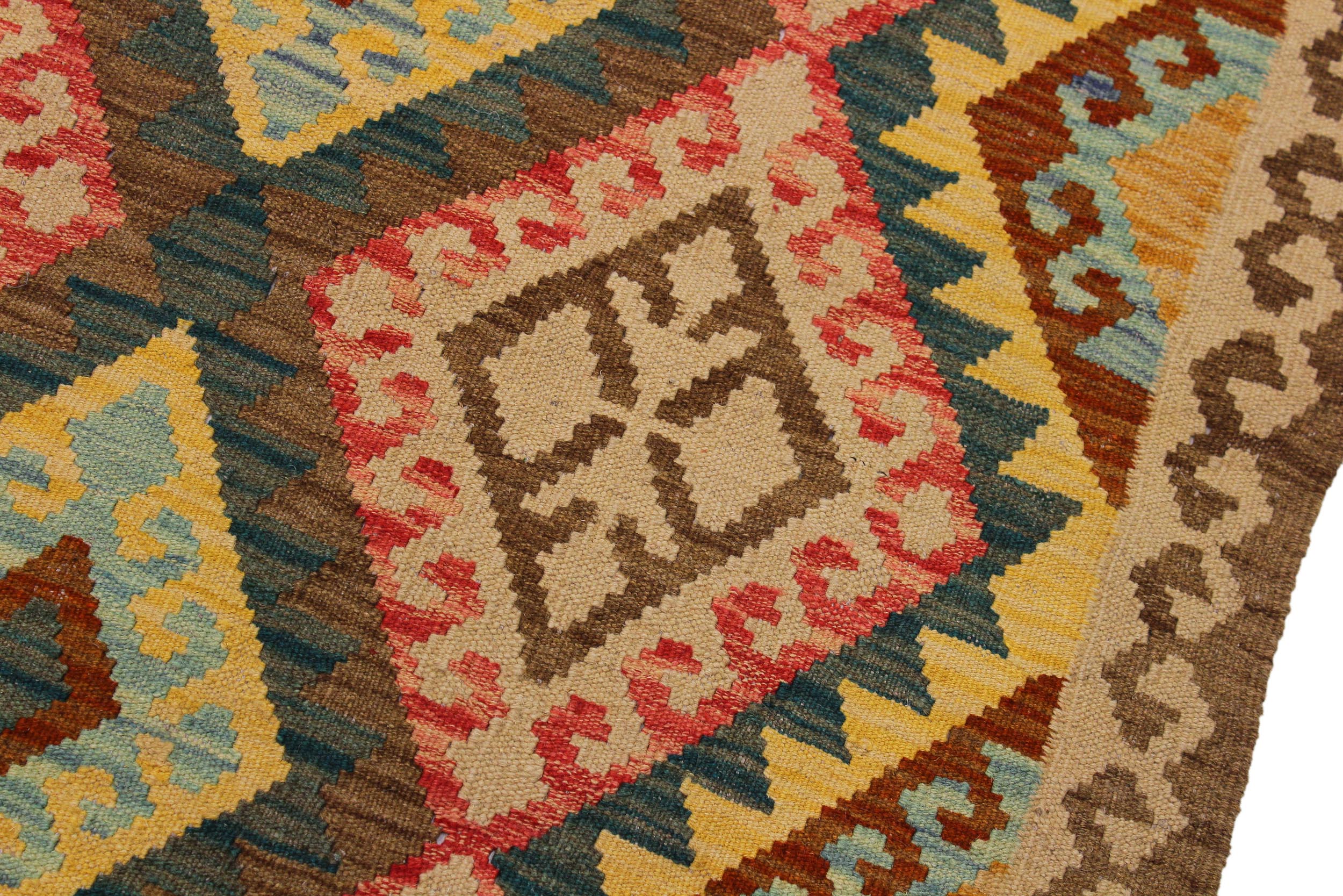 handmade Geometric Kilim Brown Red Hand-Woven RUNNER 100% WOOL area rug 4 x 8