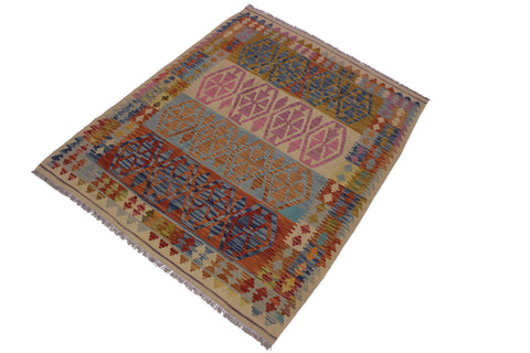 handmade Geometric Kilim Beige Blue Hand-Woven RECTANGLE 100% WOOL area rug 5 x 7