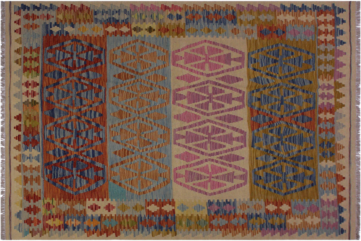 handmade Geometric Kilim Beige Blue Hand-Woven RECTANGLE 100% WOOL area rug 5 x 7