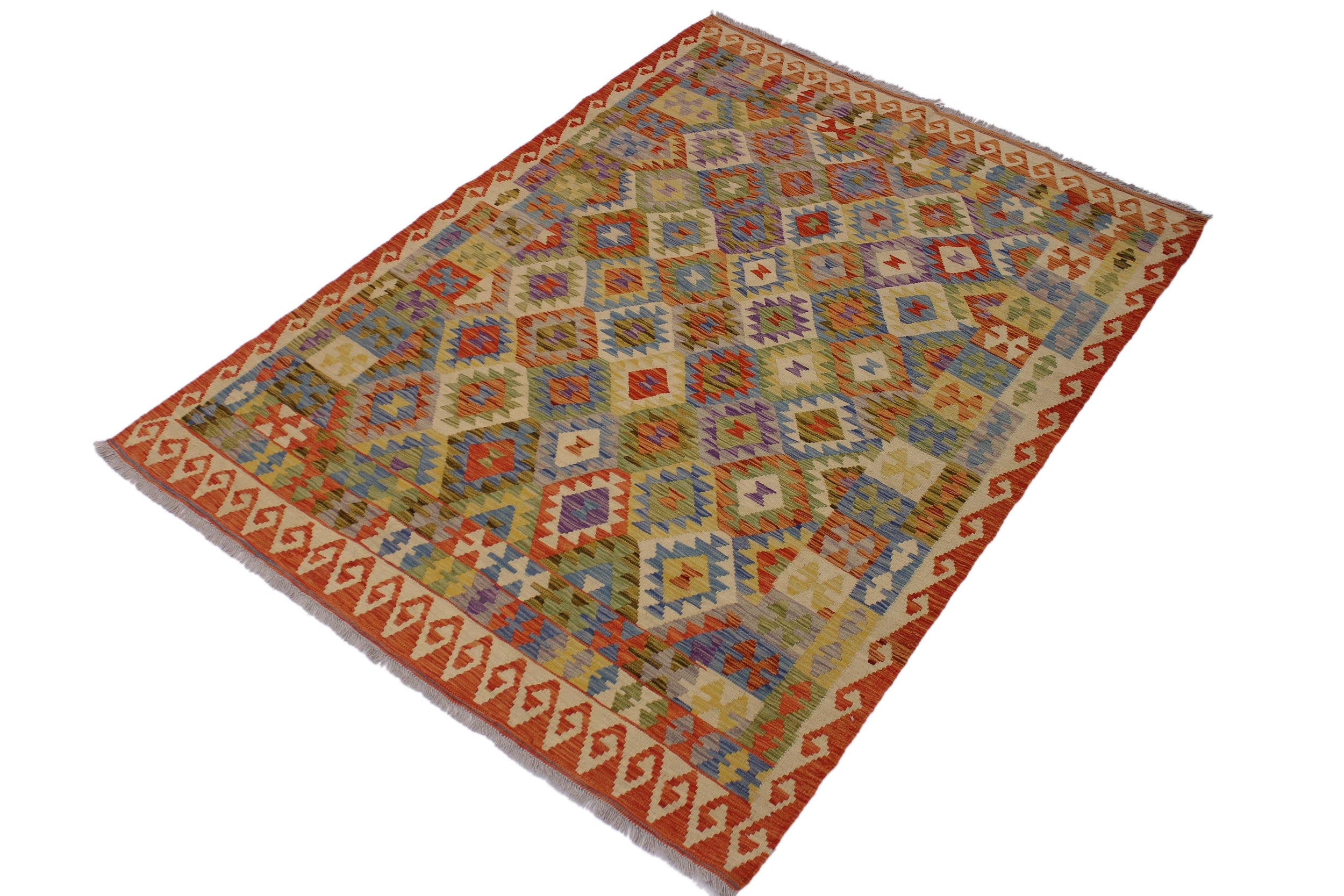 handmade Geometric Kilim Rust Gold Hand-Woven RECTANGLE 100% WOOL area rug 6 x 8