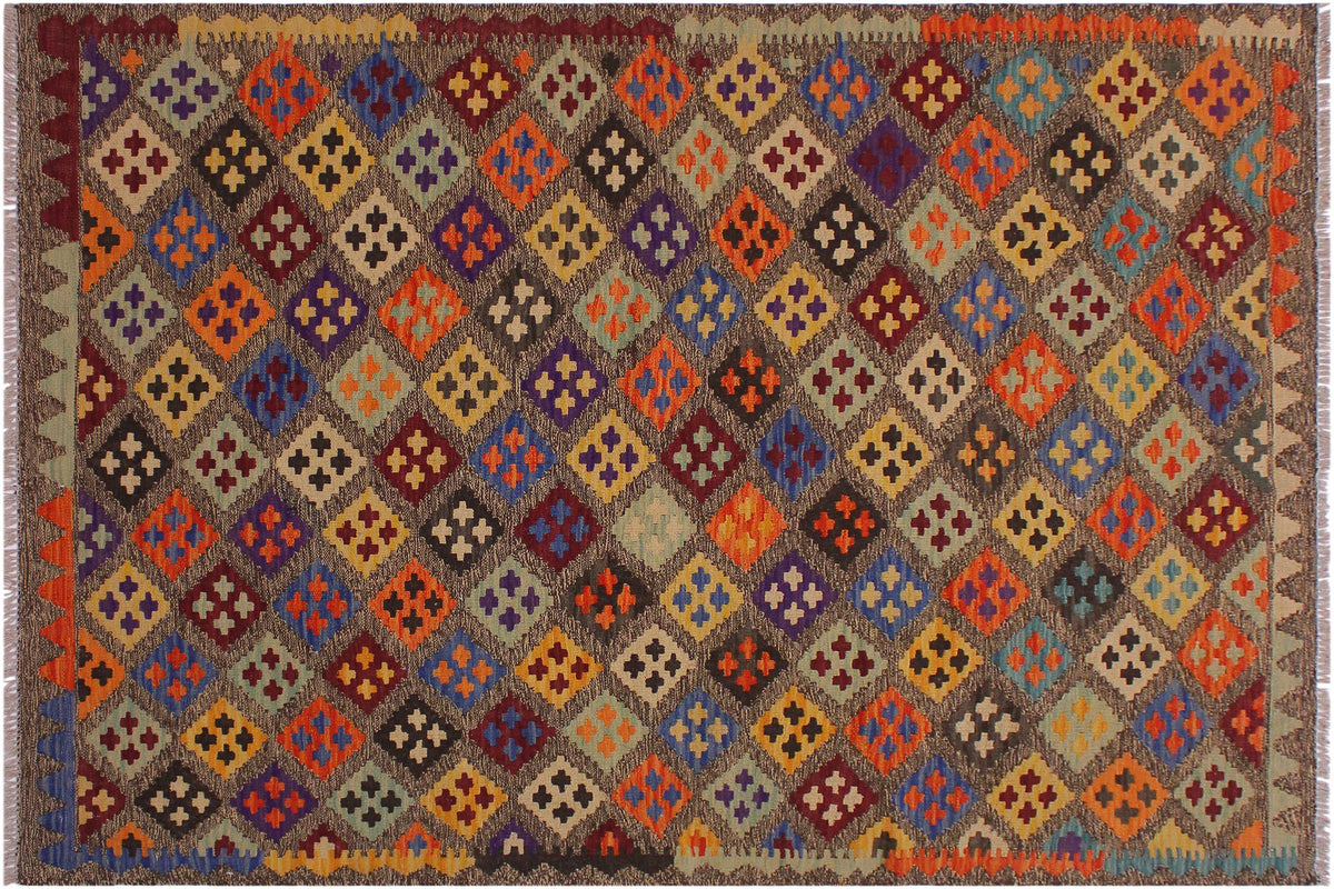 handmade Geometric Kilim Brown Tan Hand-Woven RECTANGLE 100% WOOL area rug 5x6