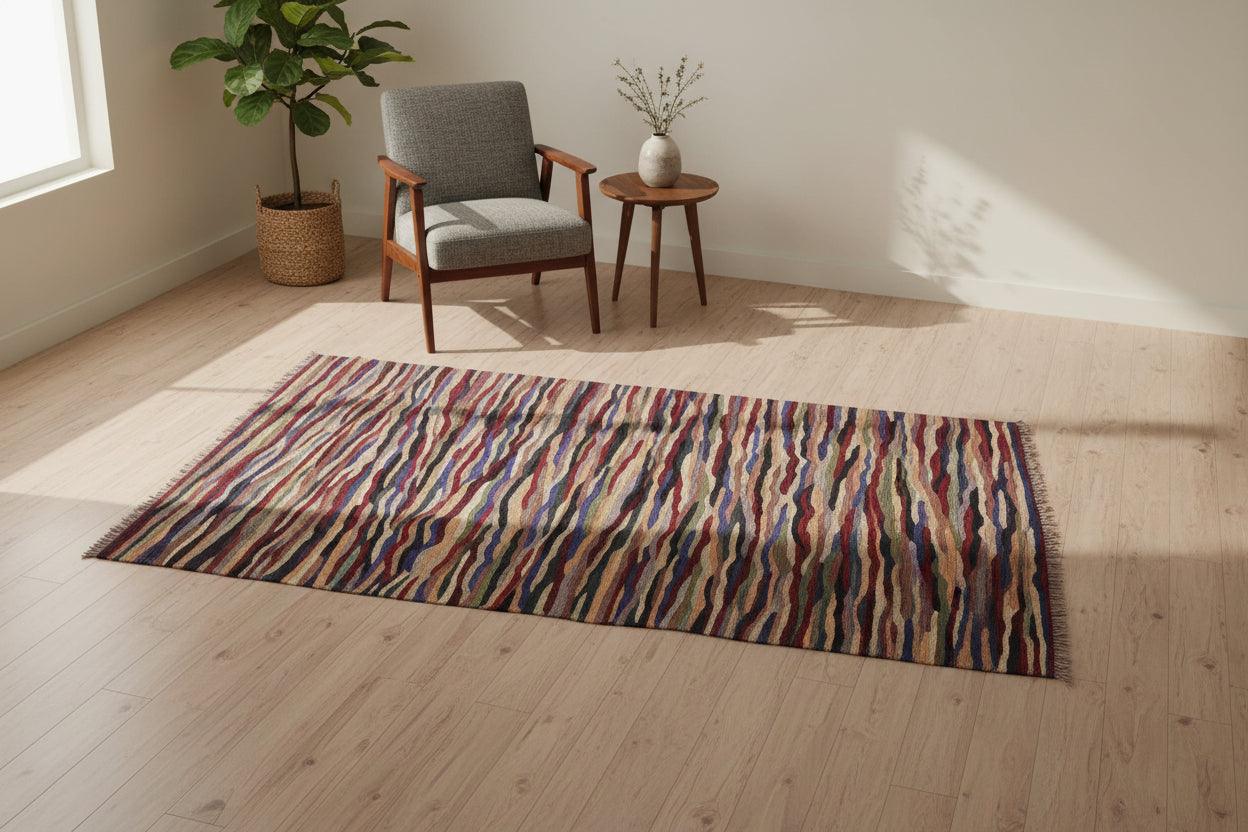handmade Modern Kilim Red Ivory Hand-Woven RECTANGLE 100% WOOL area rug 5x7