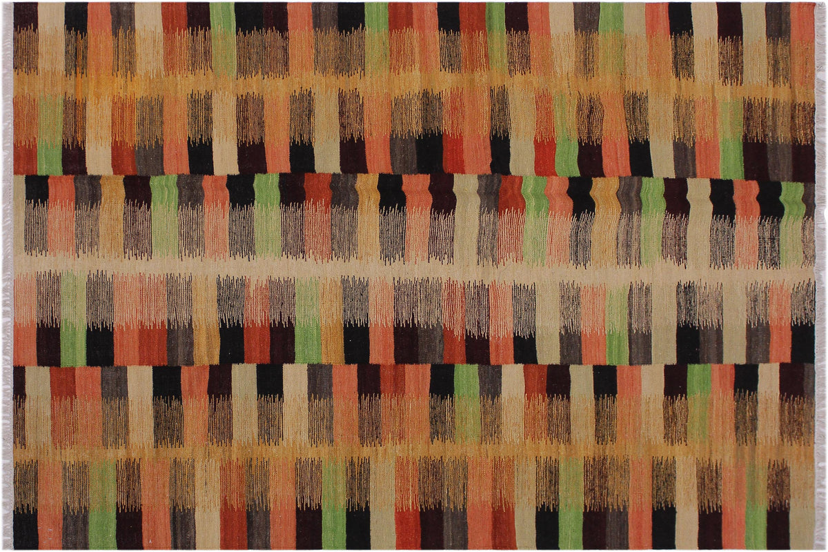 handmade Modern Kilim Rust Gold Hand-Woven RECTANGLE 100% WOOL area rug 6x8