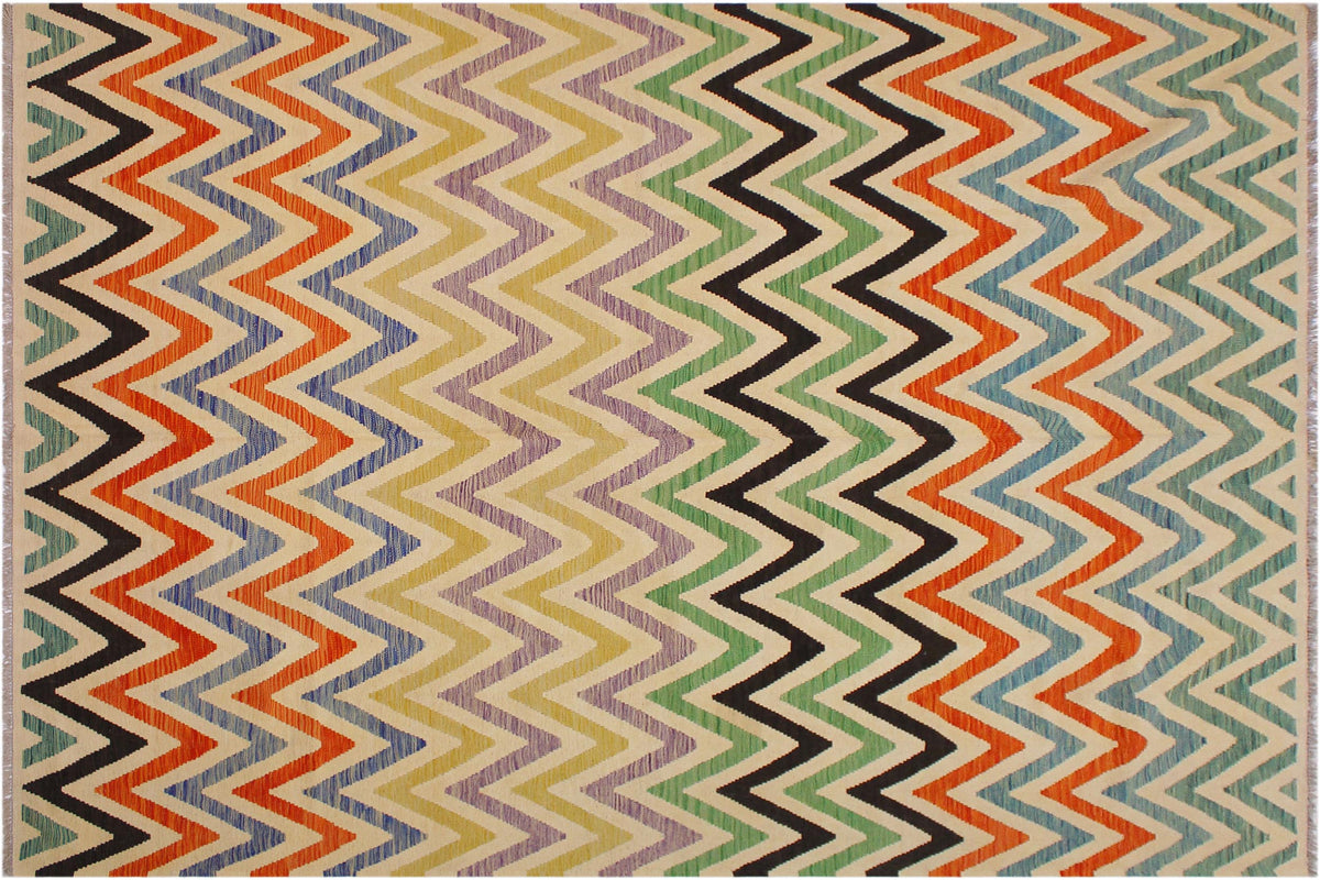 handmade Modern Kilim Ivory Black Hand-Woven RECTANGLE 100% WOOL area rug 9x11