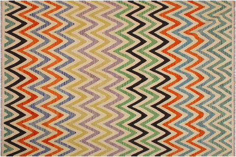 handmade Modern Kilim Ivory Black Hand-Woven RECTANGLE 100% WOOL area rug 9x11