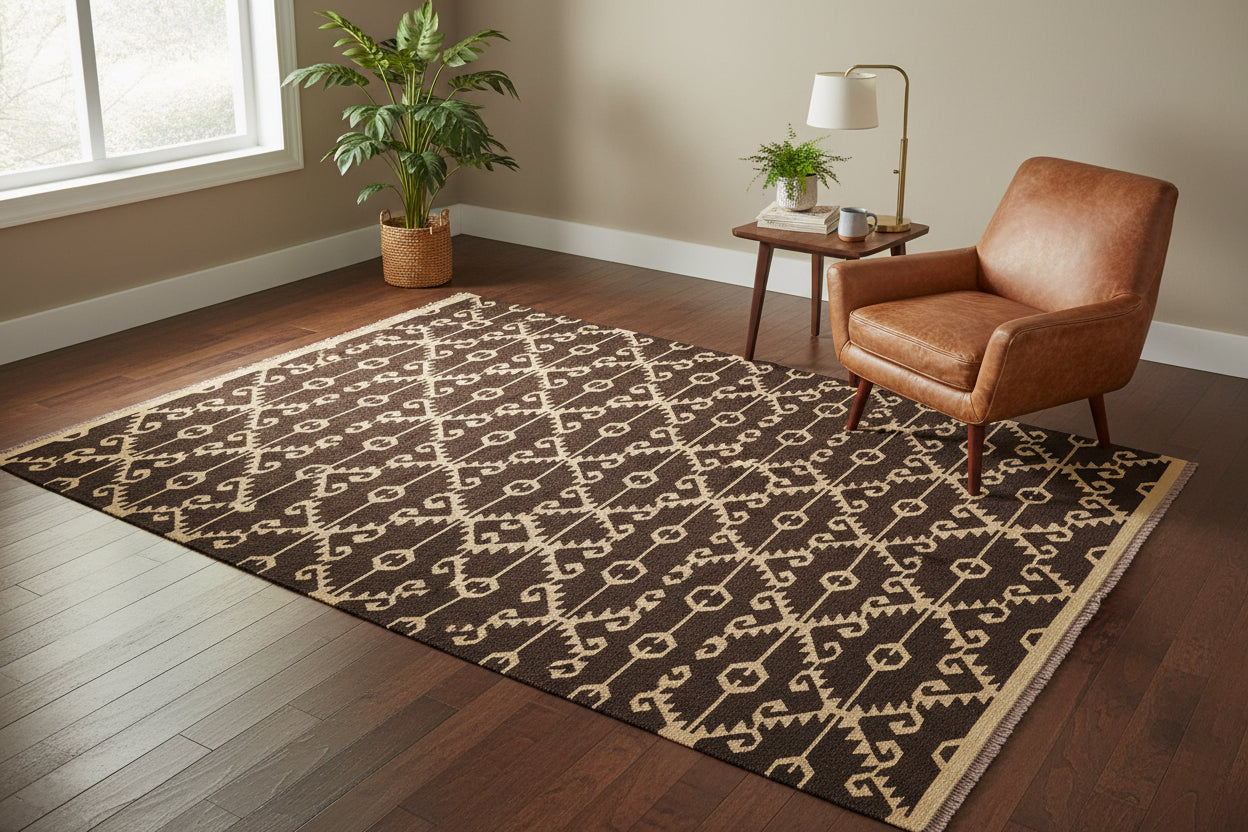 handmade Modern Kilim Brown Black Hand-Woven RECTANGLE 100% WOOL area rug 7 x 10