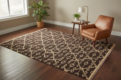 handmade Modern Kilim Brown Black Hand-Woven RECTANGLE 100% WOOL area rug 7 x 10