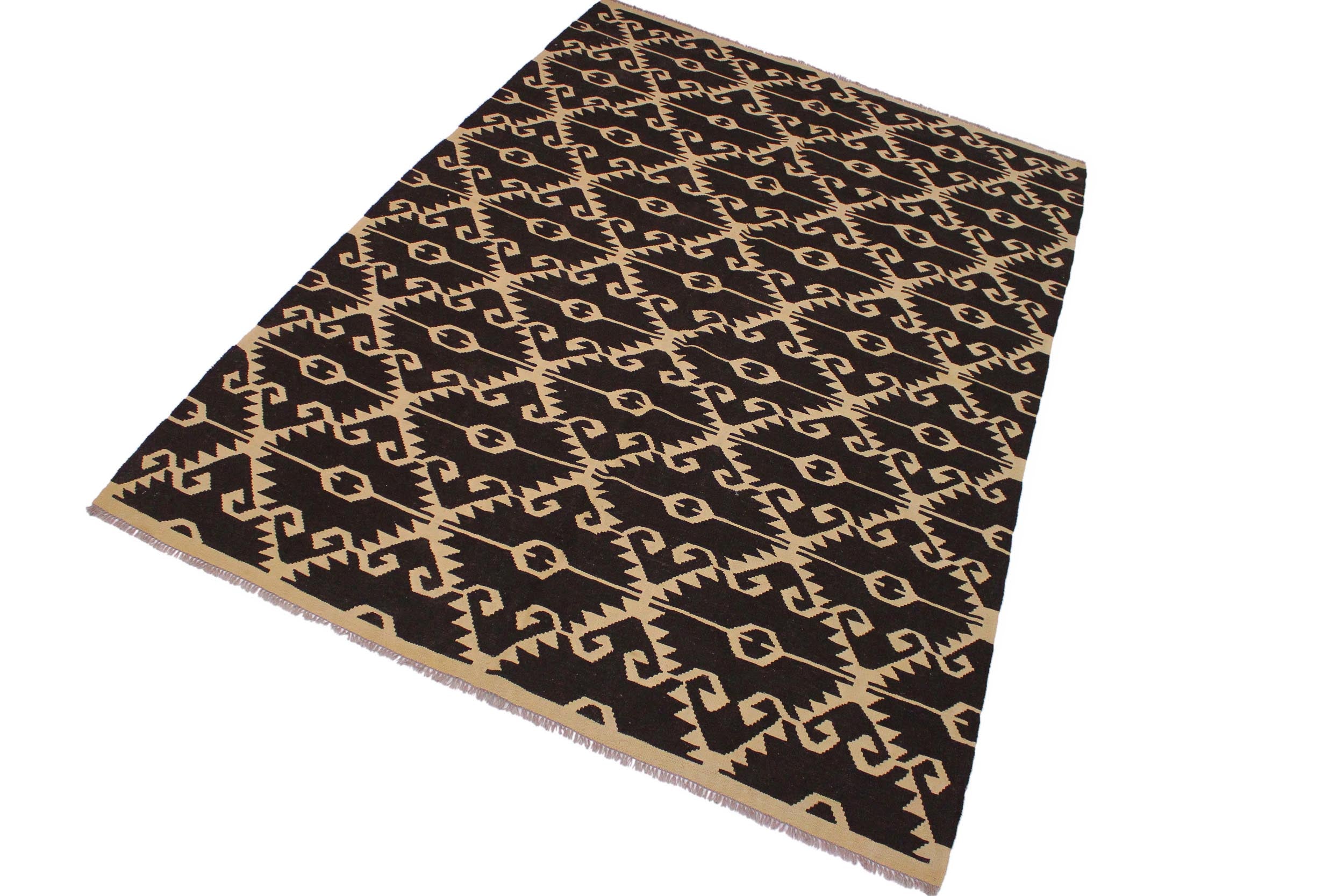 handmade Modern Kilim Brown Black Hand-Woven RECTANGLE 100% WOOL area rug 7 x 10