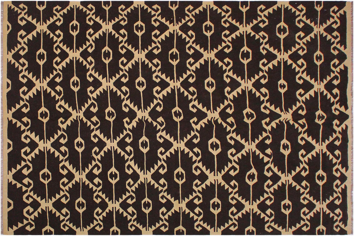 handmade Modern Kilim Brown Black Hand-Woven RECTANGLE 100% WOOL area rug 7 x 10