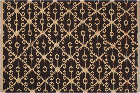 handmade Modern Kilim Brown Black Hand-Woven RECTANGLE 100% WOOL area rug 7 x 10