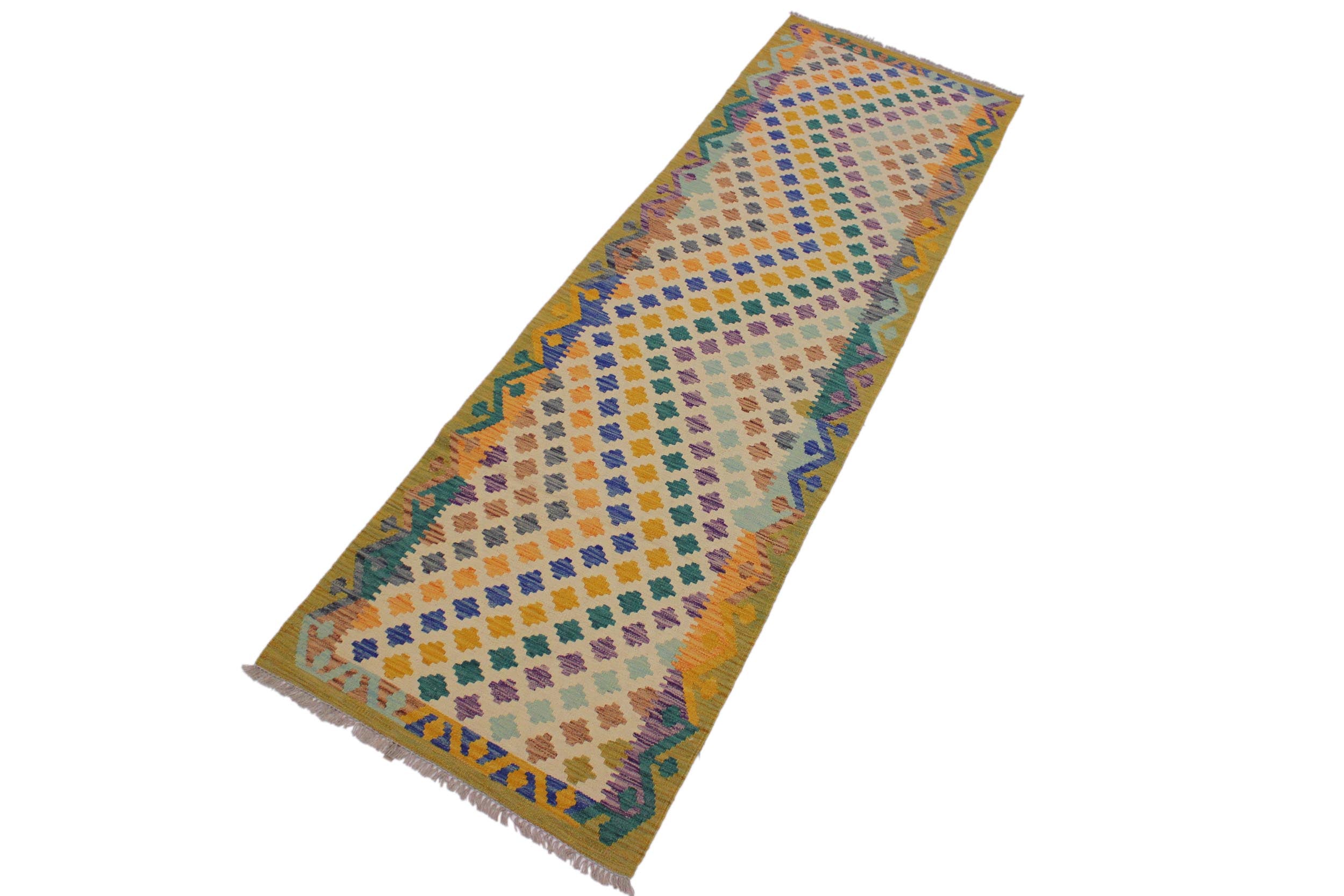 handmade Modern Kilim Ivory Blue Hand-Woven RUNNER 100% WOOL area rug 3x10