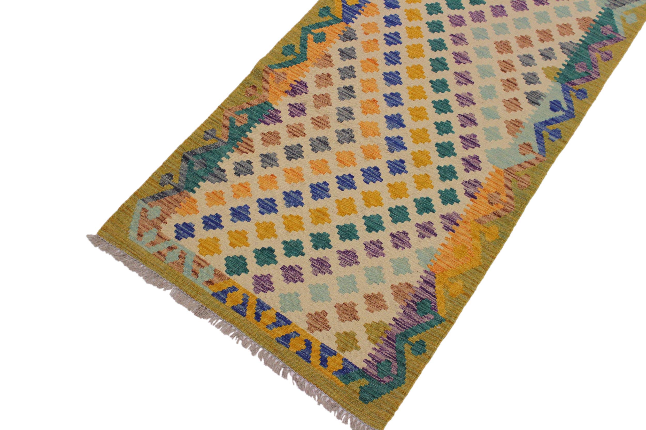 handmade Modern Kilim Ivory Blue Hand-Woven RUNNER 100% WOOL area rug 3x10