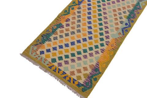 handmade Modern Kilim Ivory Blue Hand-Woven RUNNER 100% WOOL area rug 3x10