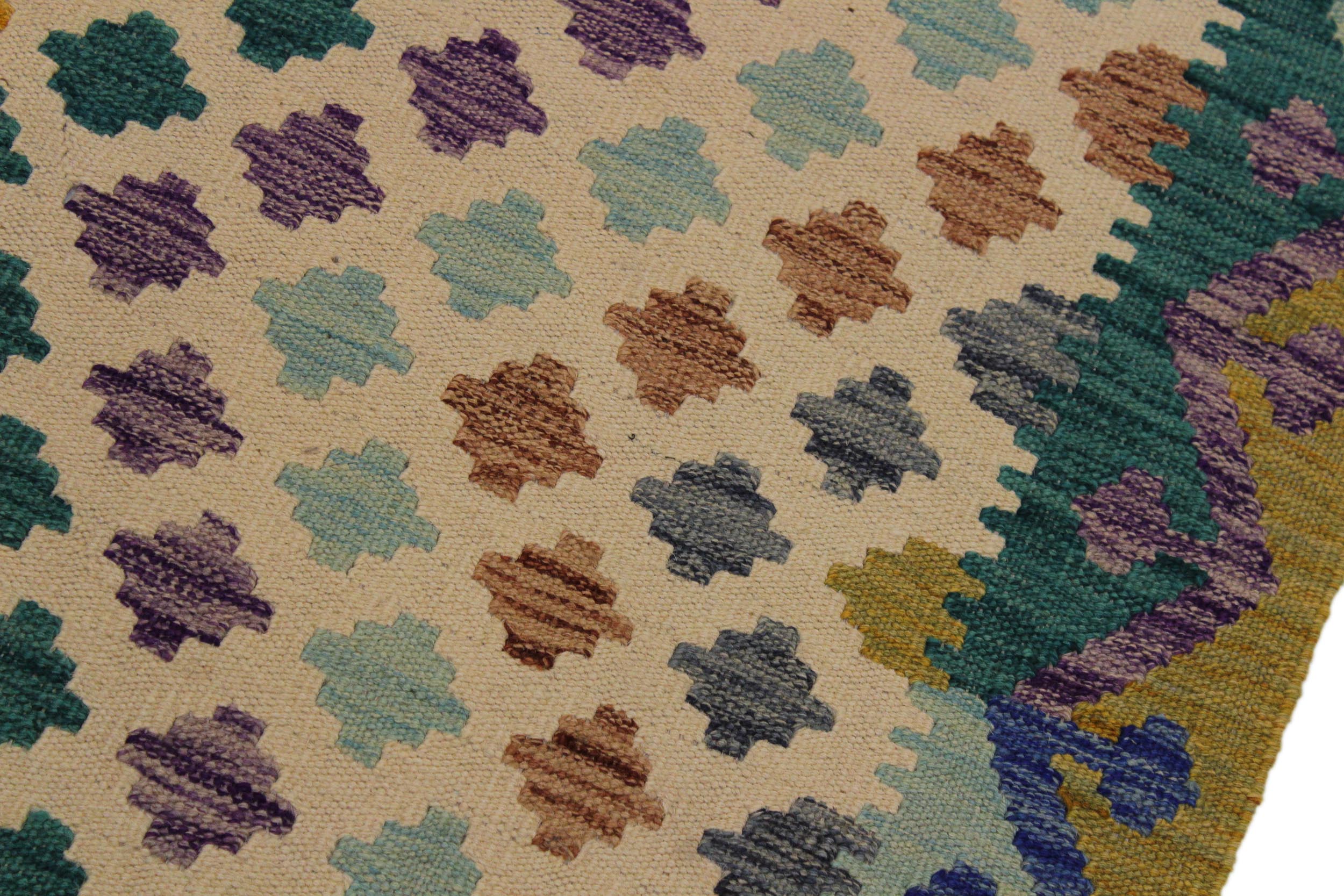 handmade Modern Kilim Ivory Blue Hand-Woven RUNNER 100% WOOL area rug 3x10