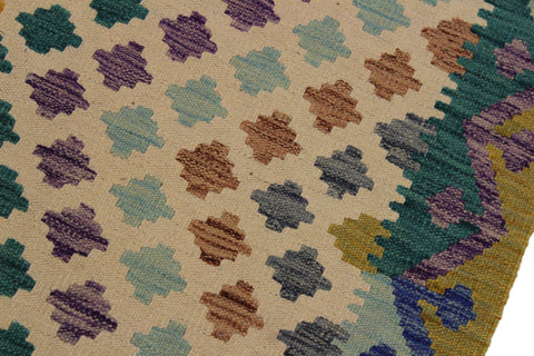 handmade Modern Kilim Ivory Blue Hand-Woven RUNNER 100% WOOL area rug 3x10