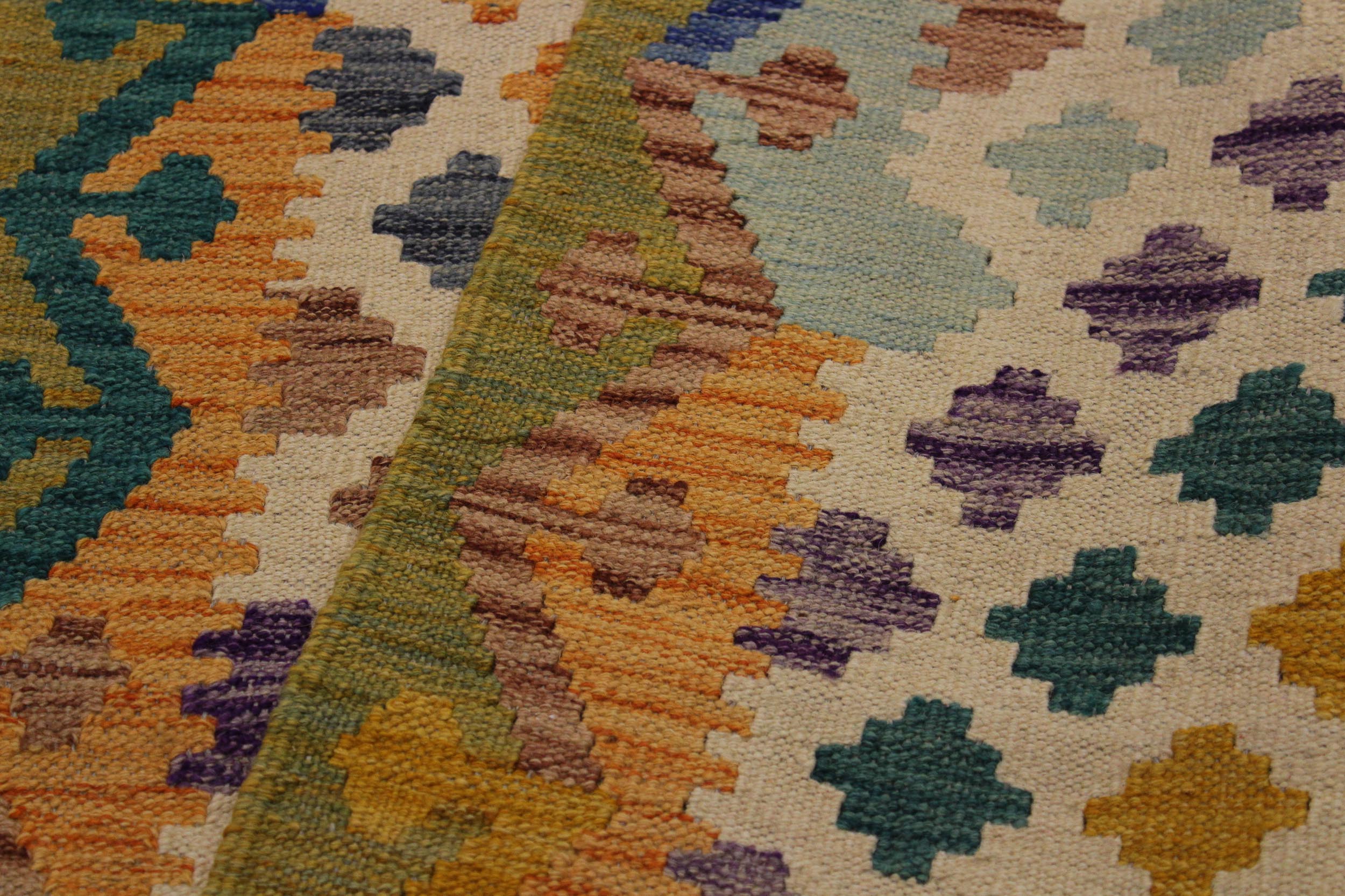 handmade Modern Kilim Ivory Blue Hand-Woven RUNNER 100% WOOL area rug 3x10