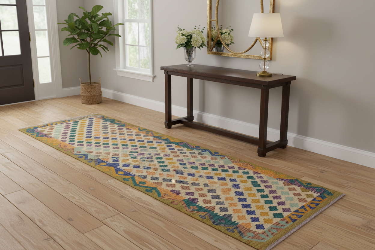 handmade Modern Kilim Ivory Blue Hand-Woven RUNNER 100% WOOL area rug 3x10