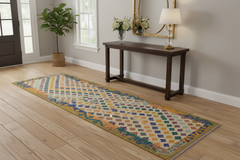 handmade Modern Kilim Ivory Blue Hand-Woven RUNNER 100% WOOL area rug 3x10