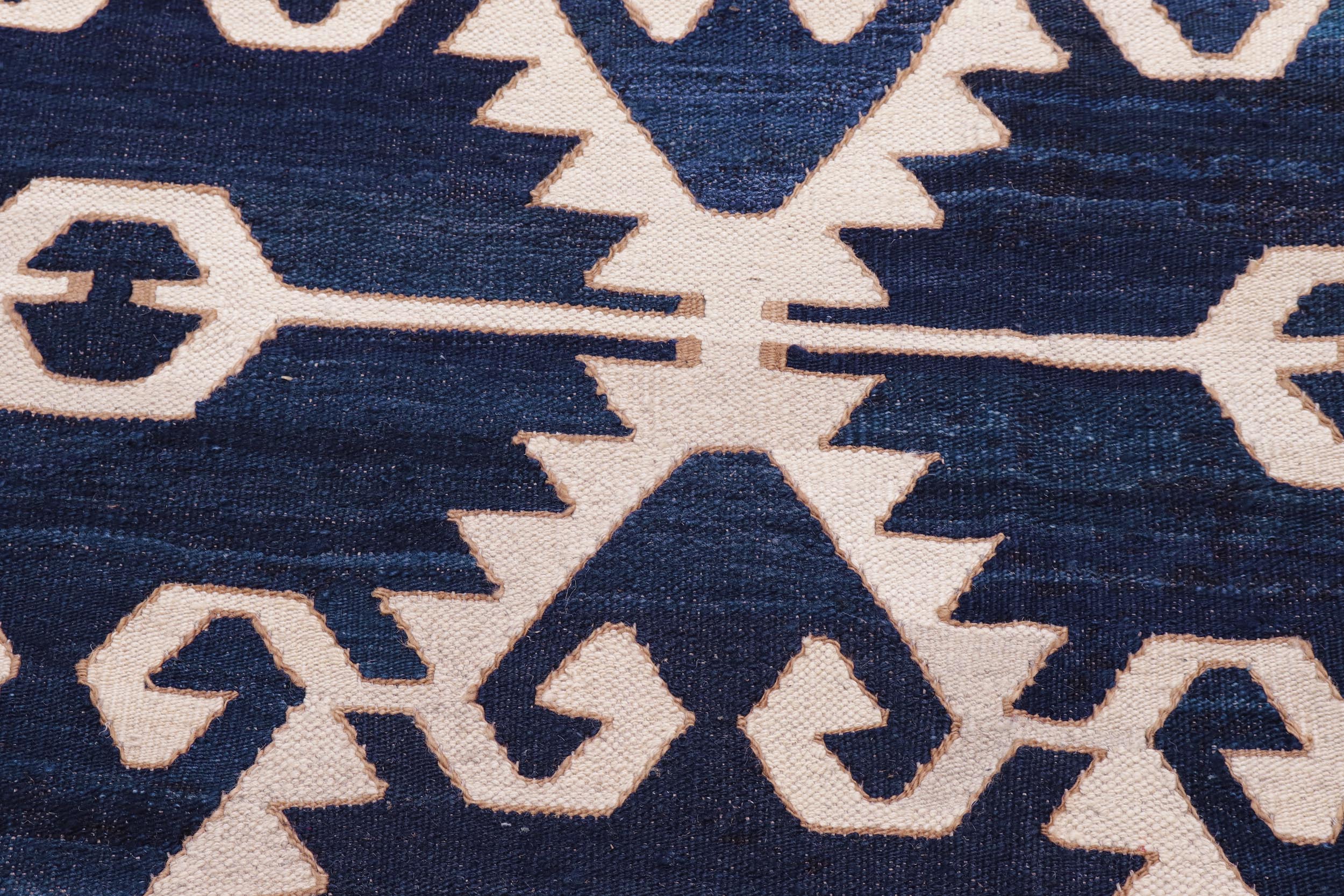 handmade Modern Kilim Blue Ivory Hand-Woven RECTANGLE 100% WOOL area rug 12 x 17