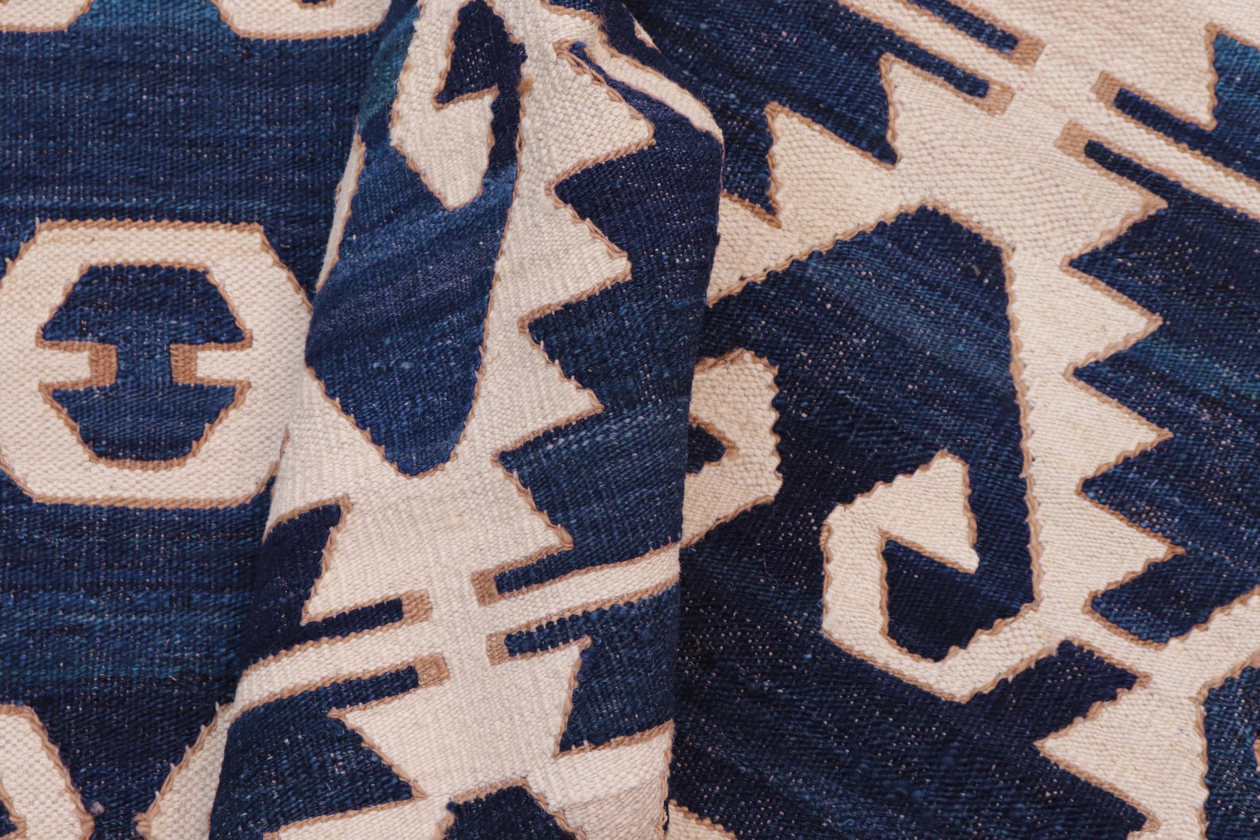 handmade Modern Kilim Blue Ivory Hand-Woven RECTANGLE 100% WOOL area rug 12 x 17