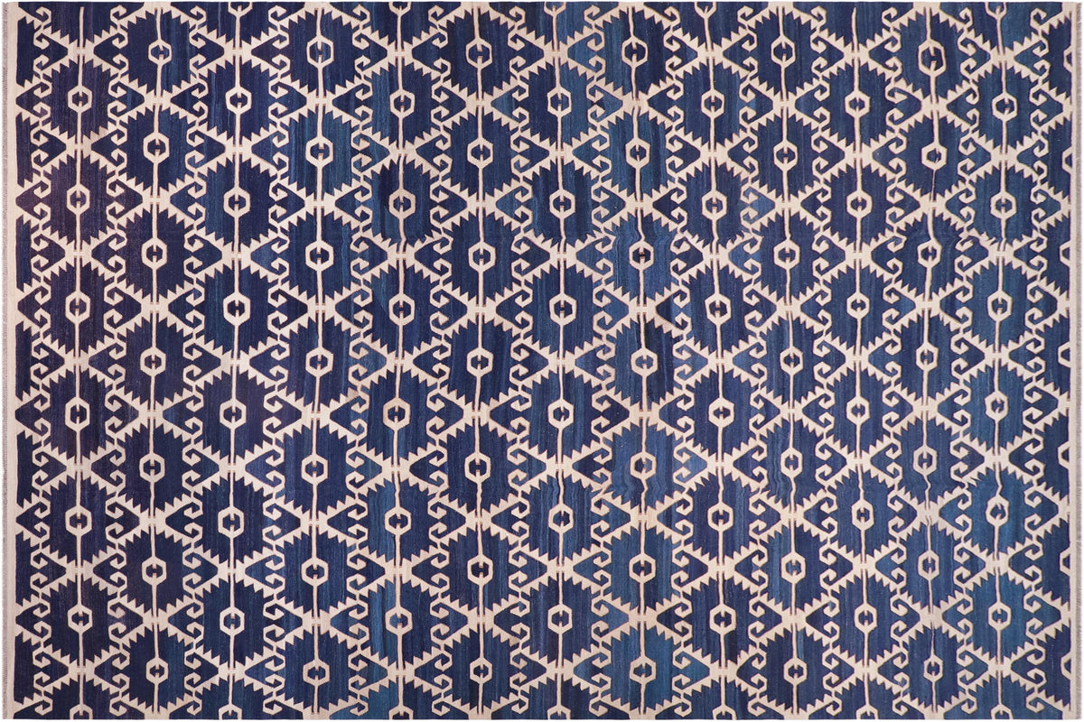 handmade Modern Kilim Blue Ivory Hand-Woven RECTANGLE 100% WOOL area rug 12 x 17