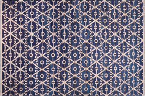 handmade Modern Kilim Blue Ivory Hand-Woven RECTANGLE 100% WOOL area rug 12 x 17