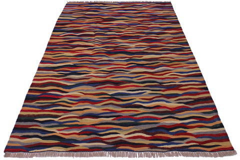 handmade Modern Kilim Blue Red Hand-Woven RECTANGLE 100% WOOL area rug 5x7