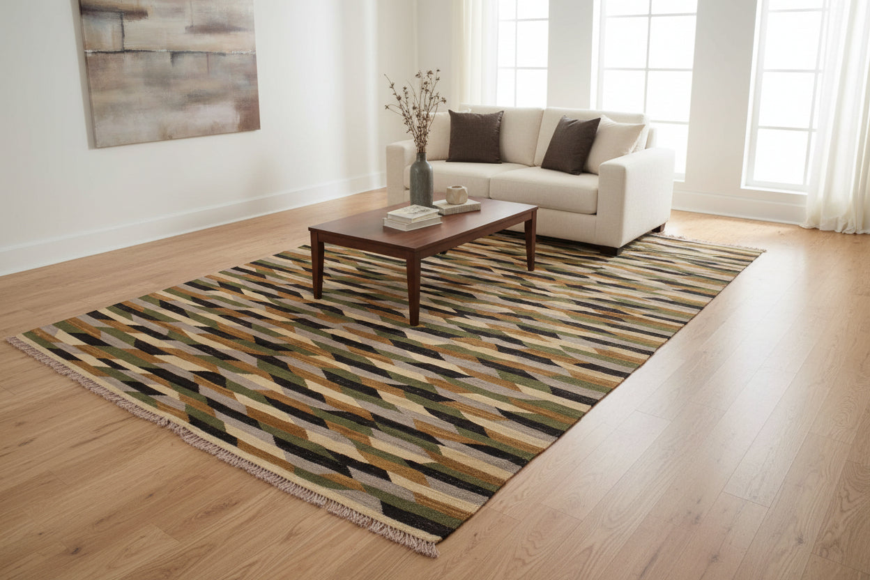 handmade Modern Kilim Beige Green Hand-Woven RECTANGLE 100% WOOL area rug 6x8