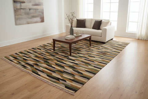 handmade Modern Kilim Beige Green Hand-Woven RECTANGLE 100% WOOL area rug 6x8