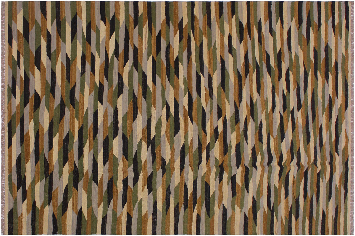 handmade Modern Kilim Beige Green Hand-Woven RECTANGLE 100% WOOL area rug 6x8