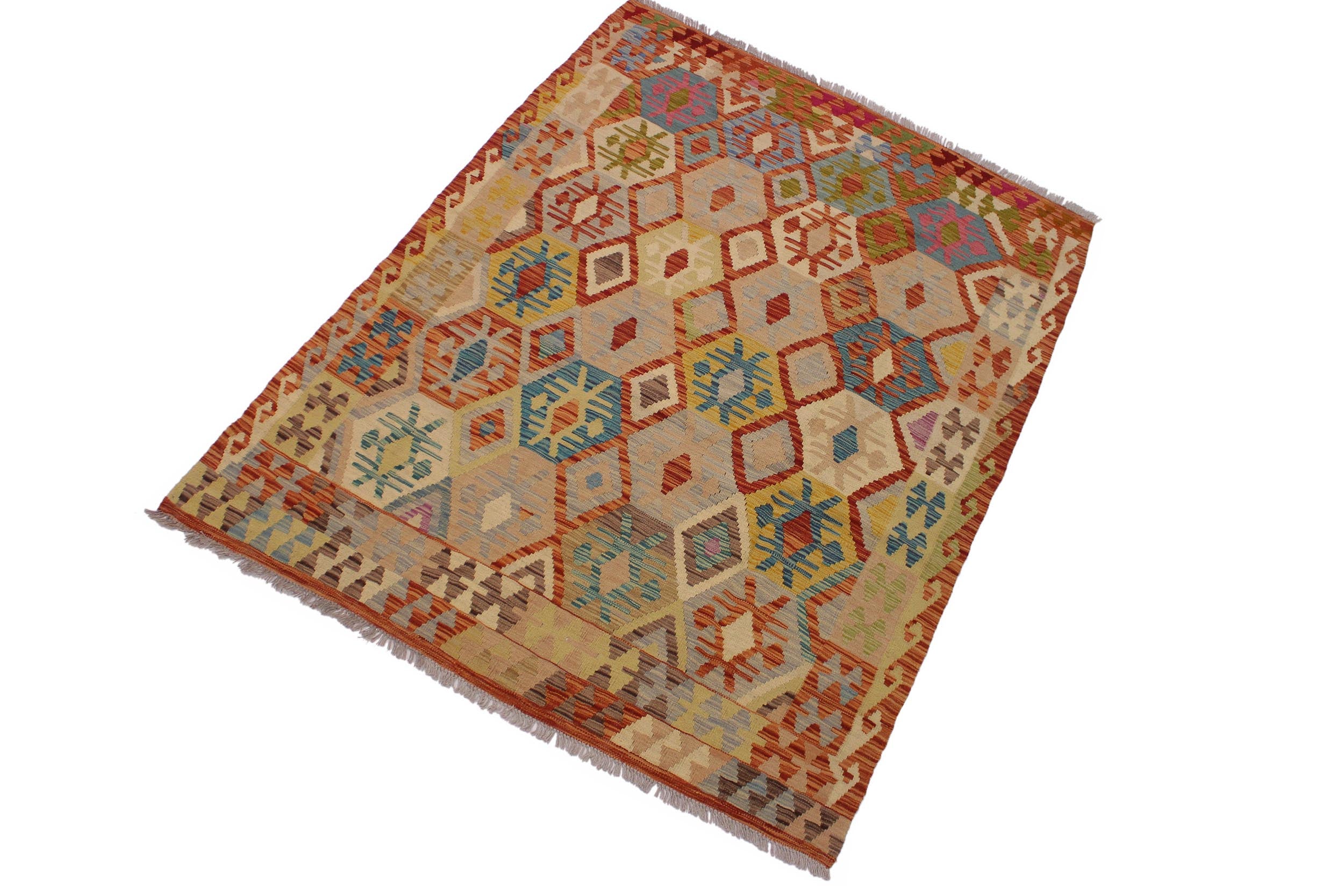handmade Geometric Kilim Beige Rust Hand-Woven RECTANGLE 100% WOOL area rug 5 x 7