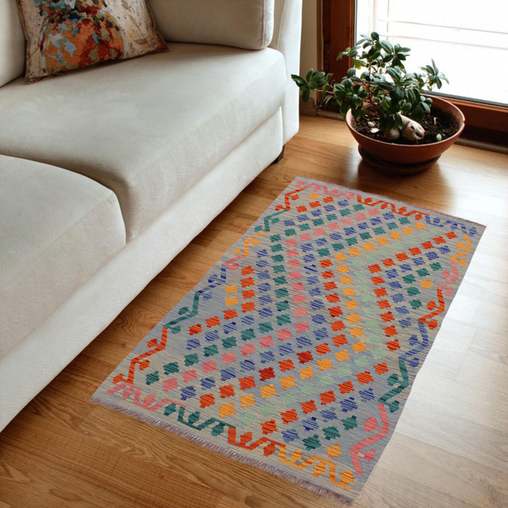 handmade Modern Kilim Blue Gray Hand-Woven RECTANGLE 100% WOOL area rug 3x5