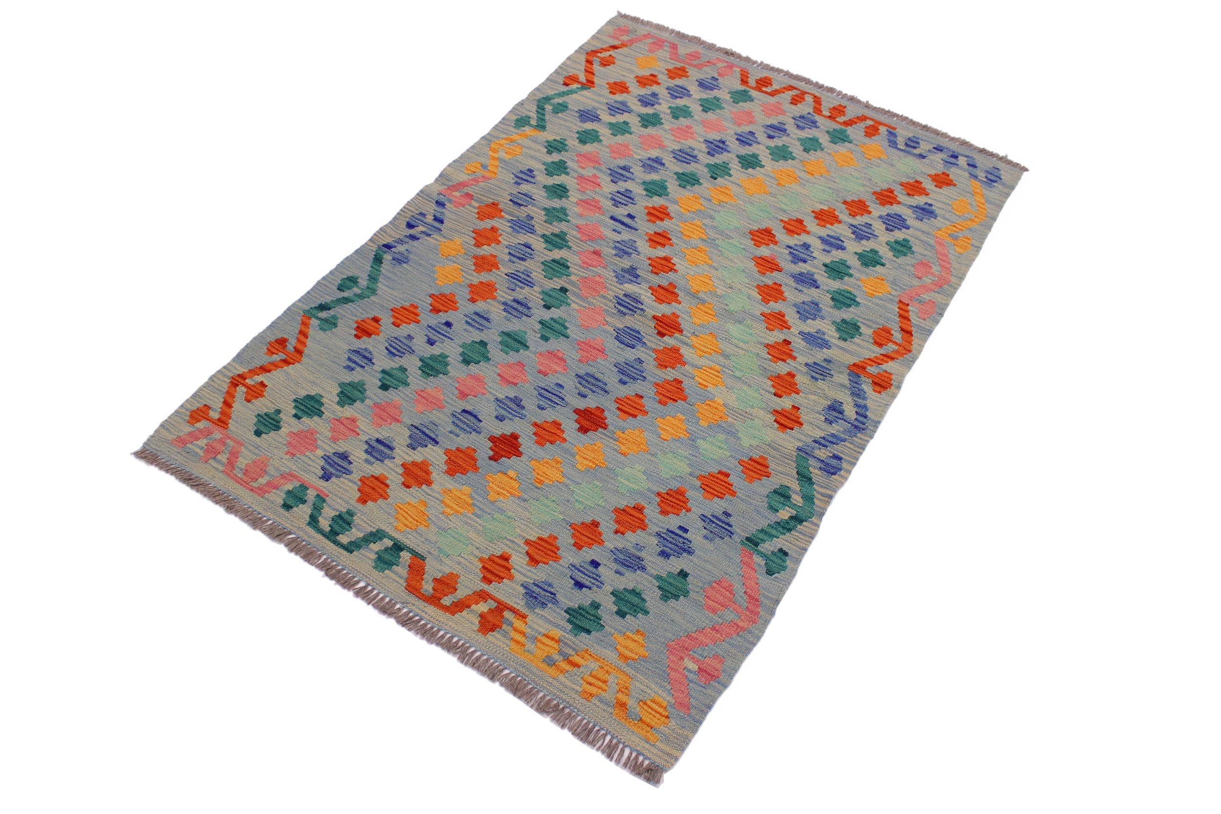 handmade Modern Kilim Blue Gray Hand-Woven RECTANGLE 100% WOOL area rug 3x5