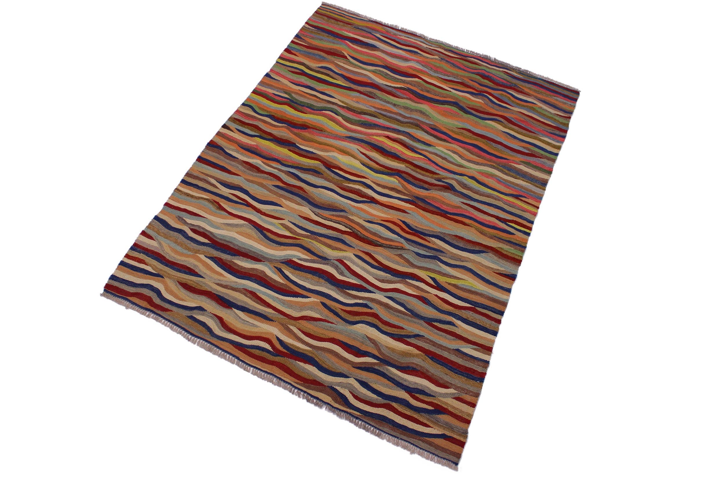 handmade Modern Kilim Red Blue Hand-Woven RECTANGLE 100% WOOL area rug 5x7