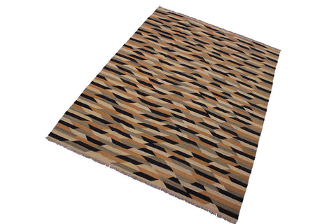 handmade Modern Kilim Tan Black Hand-Woven RECTANGLE 100% WOOL area rug 6x8