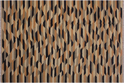 handmade Modern Kilim Tan Black Hand-Woven RECTANGLE 100% WOOL area rug 6x8