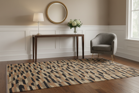 handmade Modern Kilim Tan Black Hand-Woven RECTANGLE 100% WOOL area rug 6x8