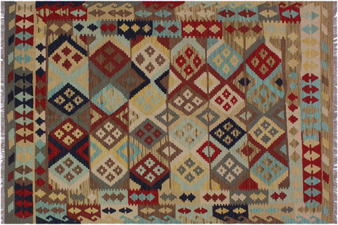 handmade Geometric Kilim Beige Red Hand-Woven RECTANGLE 100% WOOL area rug 5 x 7