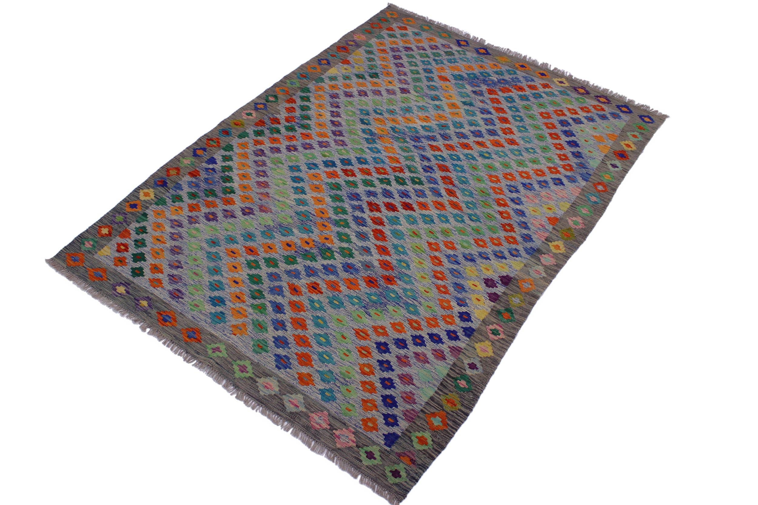 handmade Modern Kilim Blue Gray Hand-Woven RECTANGLE 100% WOOL area rug 6x8