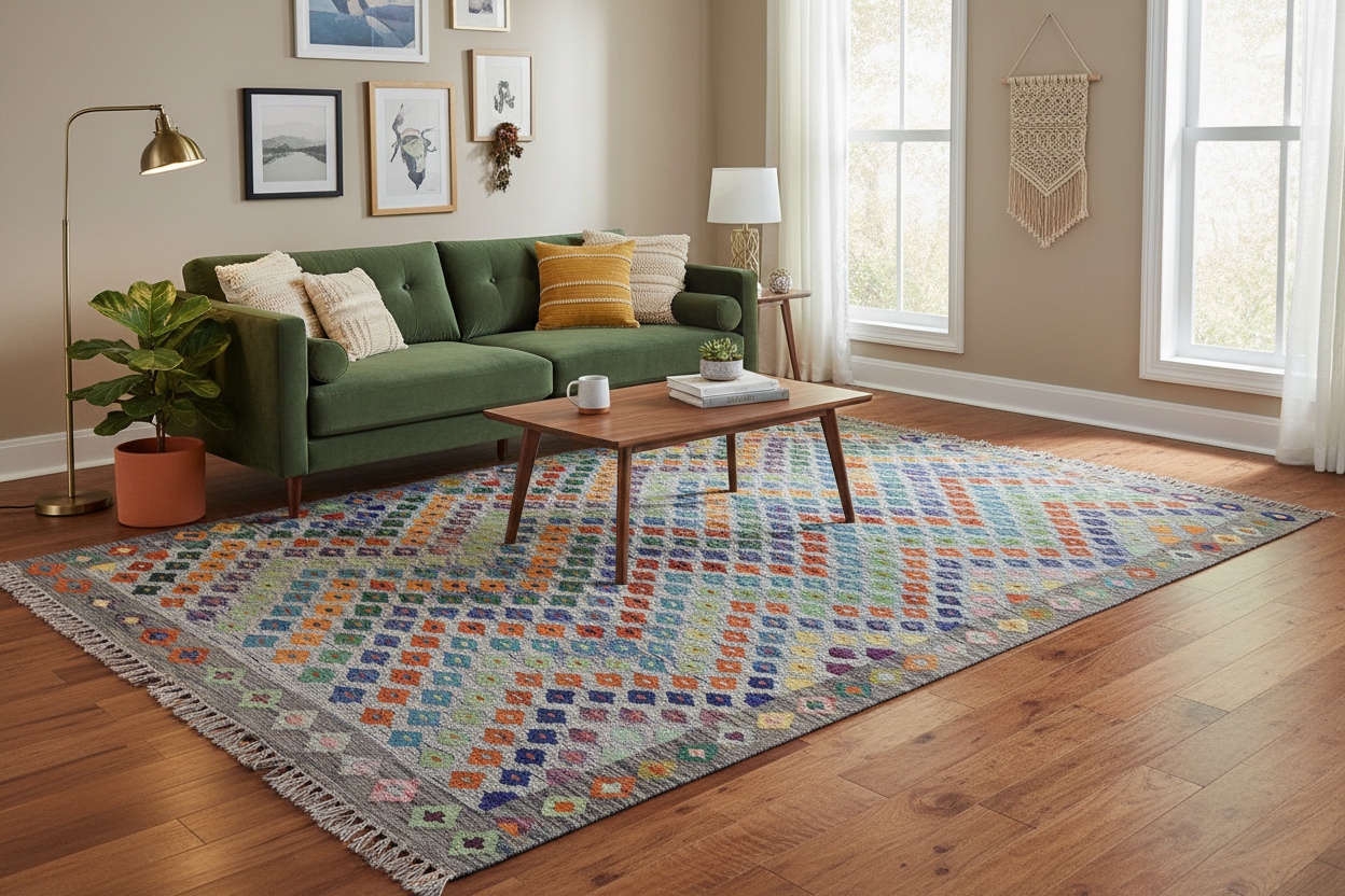 handmade Modern Kilim Blue Gray Hand-Woven RECTANGLE 100% WOOL area rug 6x8