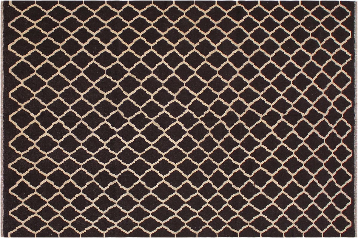 handmade Modern Kilim Black Ivory Hand-Woven RECTANGLE 100% WOOL area rug 7 x 10