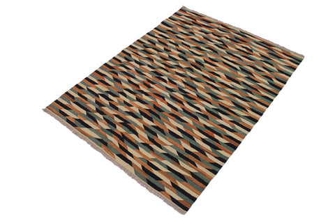 handmade Modern Kilim Ivory Drk. Blue Hand-Woven RECTANGLE 100% WOOL area rug 6x8