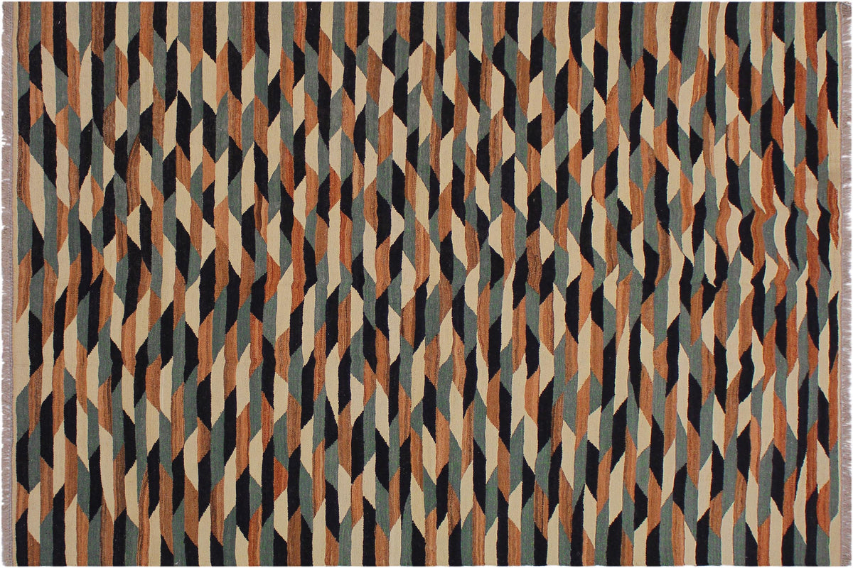 handmade Modern Kilim Ivory Drk. Blue Hand-Woven RECTANGLE 100% WOOL area rug 6x8