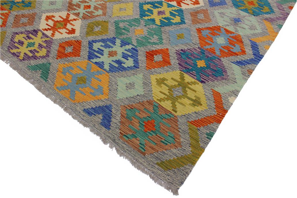 Flat Weave Kilim Antique Navaho Vintage handmade Modern Kilim Gray Beige Hand-Woven Rectangle 100% Wool Area Rug 7x10 