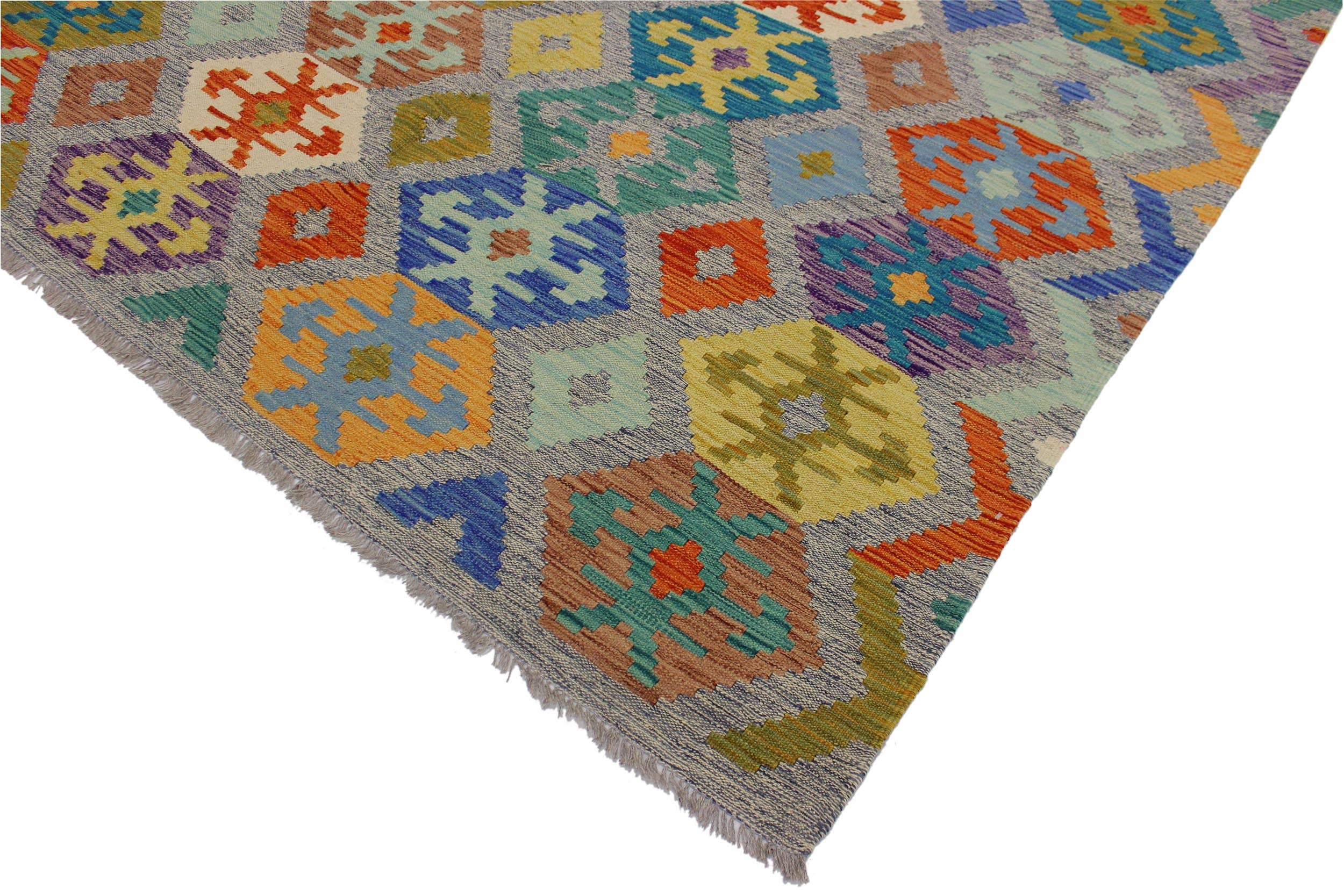 handmade Geometric Kilim Gray Beige Hand-Woven RECTANGLE 100% WOOL area rug 7 x 10