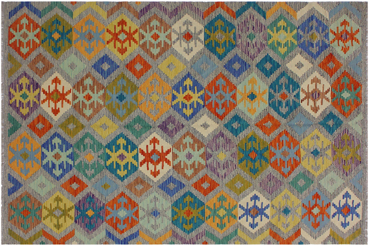 handmade Geometric Kilim Gray Beige Hand-Woven RECTANGLE 100% WOOL area rug 7 x 10