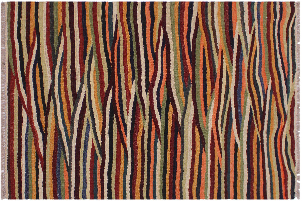 handmade Modern Kilim Tan Blue Hand-Woven RECTANGLE 100% WOOL area rug 3x4