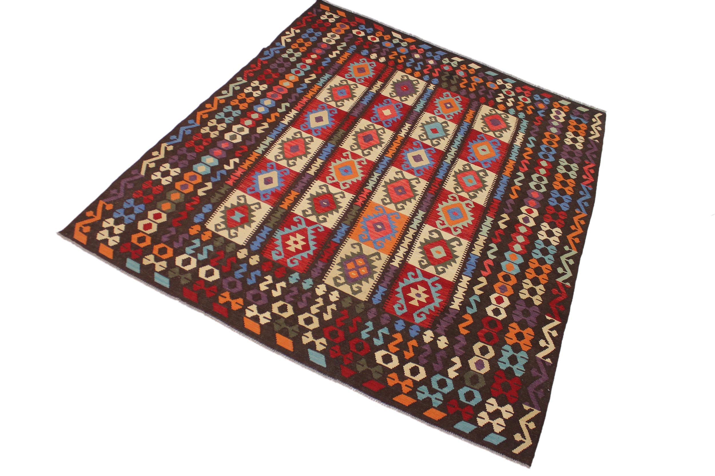 handmade Geometric Kilim Brown Rust Hand-Woven RECTANGLE 100% WOOL area rug 8 x 10