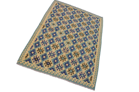 handmade Geometric Kilim Beige Blue Hand-Woven RECTANGLE 100% WOOL area rug 7 x 10