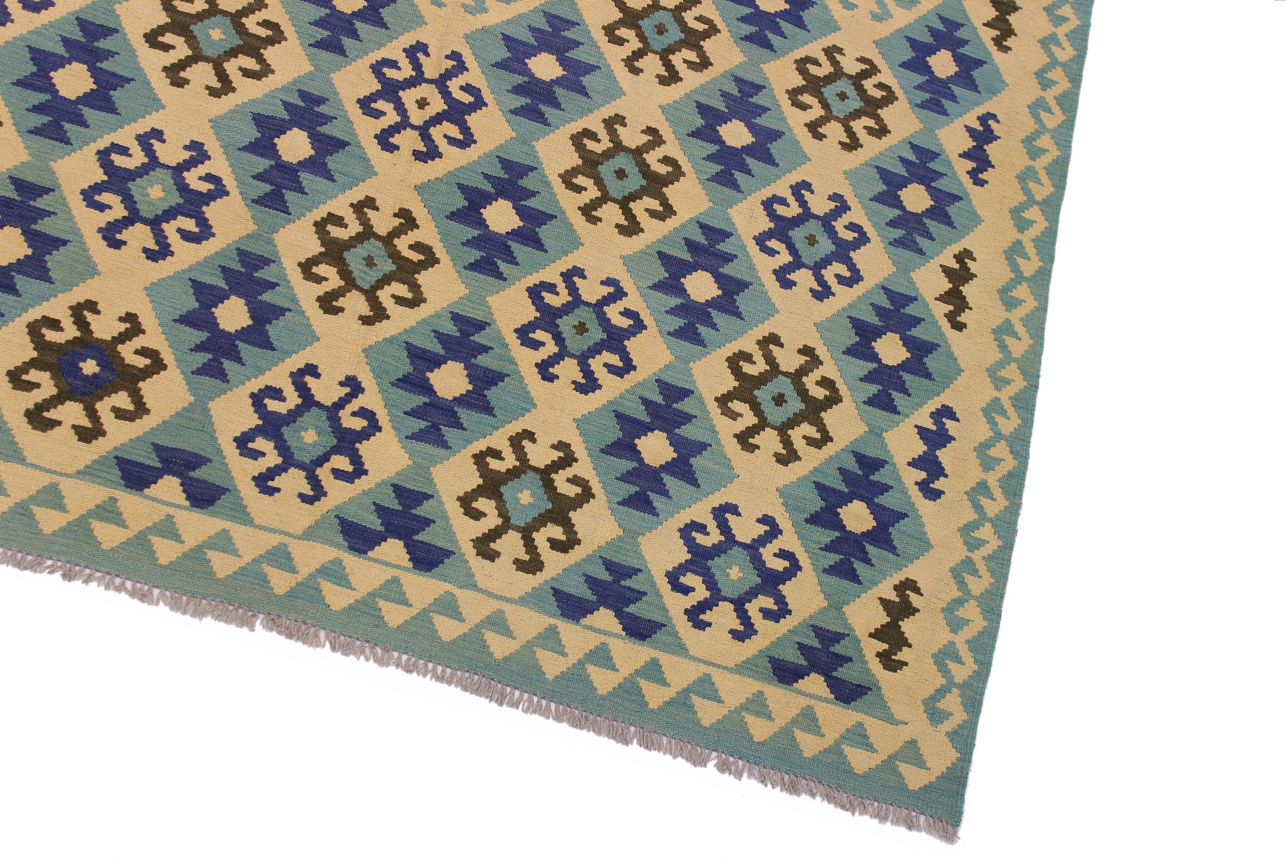 handmade Geometric Kilim Beige Blue Hand-Woven RECTANGLE 100% WOOL area rug 7 x 10